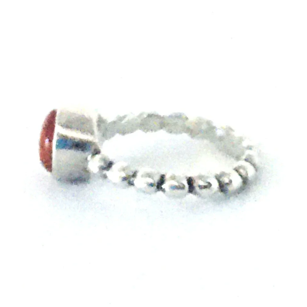 Signed Bezel Set Natural Red Coral  Sterling Silver Bead Band Ring Size 7.5